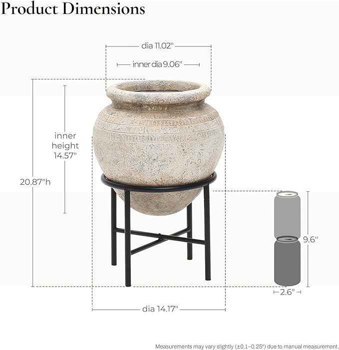 LuxenHome 14" Dia Large Planters for Indoor Plants, Indoor Plant Pots with Stand, Distressed Cachepot for Living Rooms, Entryway, Office