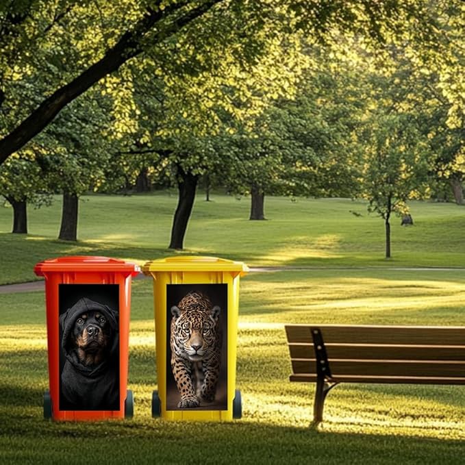 2PC Trash Can Sticker 14.57 x 32.28 Inch Fierce Dog and Wild Leopard Design Animal Theme Decorative Garbage Bin Cover Outdoor Trash Can Decal for Yard Home Garden Street Decoration