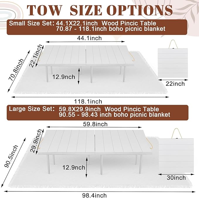 1 Set Low Picnic Table, Foldable Boho Picnic Table with Extra Large Outdoor Camping Blanket Portable Boho Wood BBQ Tables for Camping Wedding Beach BBQ Party (for 8 Person,White)