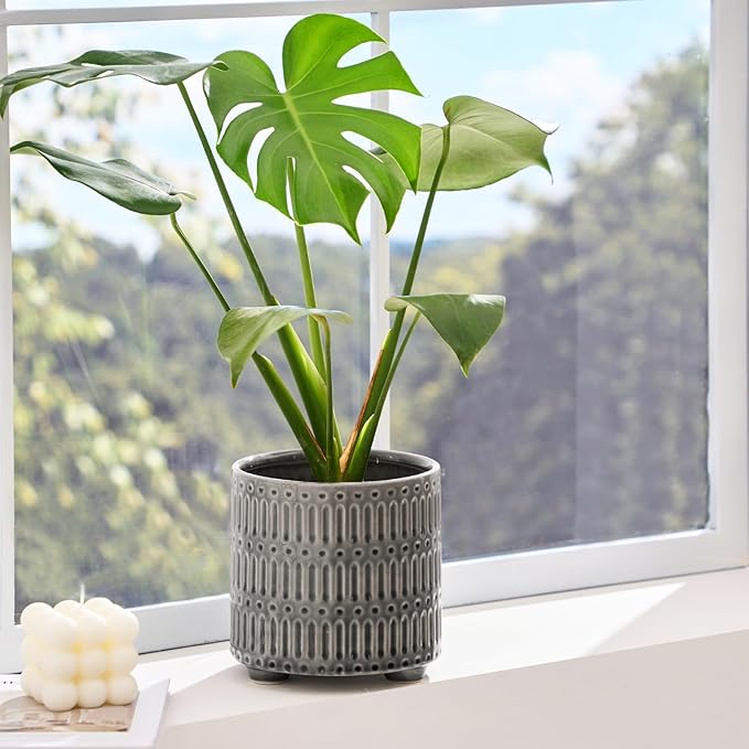 5 Inch Ceramic Planters for Indoor Plants, Gray Cactus Snake Plant Pots with Drainage, Unique Design Round Flower Pot for Home Decoration