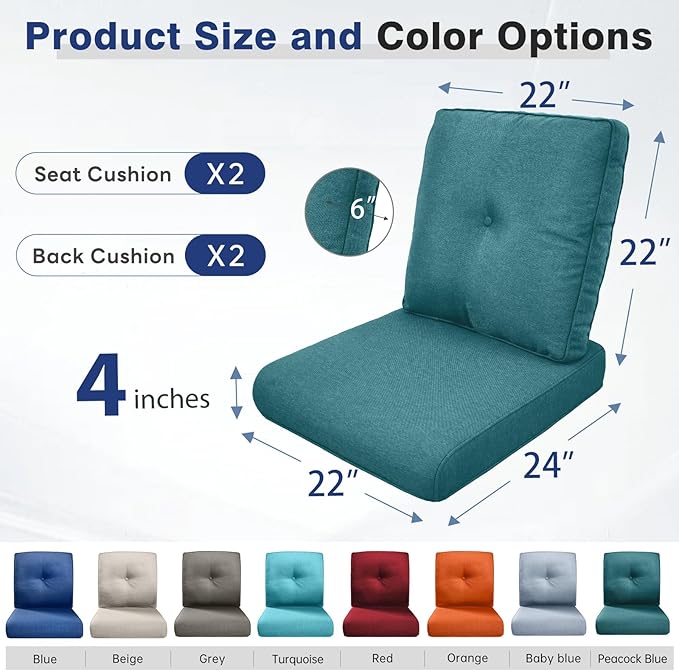 Belord Luxury 4" Thick Outdoor Cushion 2 Set - 22 x24 Inch 28D Sponge Filling Fade-Resistant Chair Cushion, Spill Proof Removable Patio Furniture Replacement Cushions for Sofa Bench - Peacock Blue