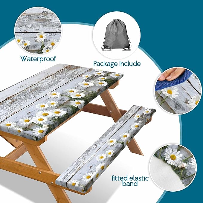 Picnic Table Cover with Bench Cover, Outdoor Patio Camping Essentials Farmhouse Daisy Wooden Table Covers with Elastic Waterproof Camping Tablecloth with Drawstring Bag, 60In 3PCS