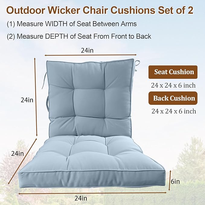 2 Piece Outdoor Patio Chair Cushions, Fade Resistant Outdoor Cushions for Patio Furniture, 6 inch Thickened Rocking Chair Cushions Set (Sky Blue, 24x24x6 inch - 2 Pieces)