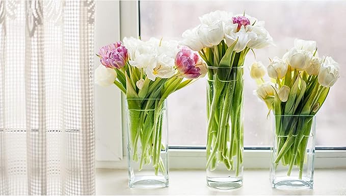 WGV Tall Square Vase Glass Block, Length 3", Height 8", Clear Bud Floral Container, Candle Holder, Planter Terrarium for Wedding Party Event, Home Office Decor, 1 Piece