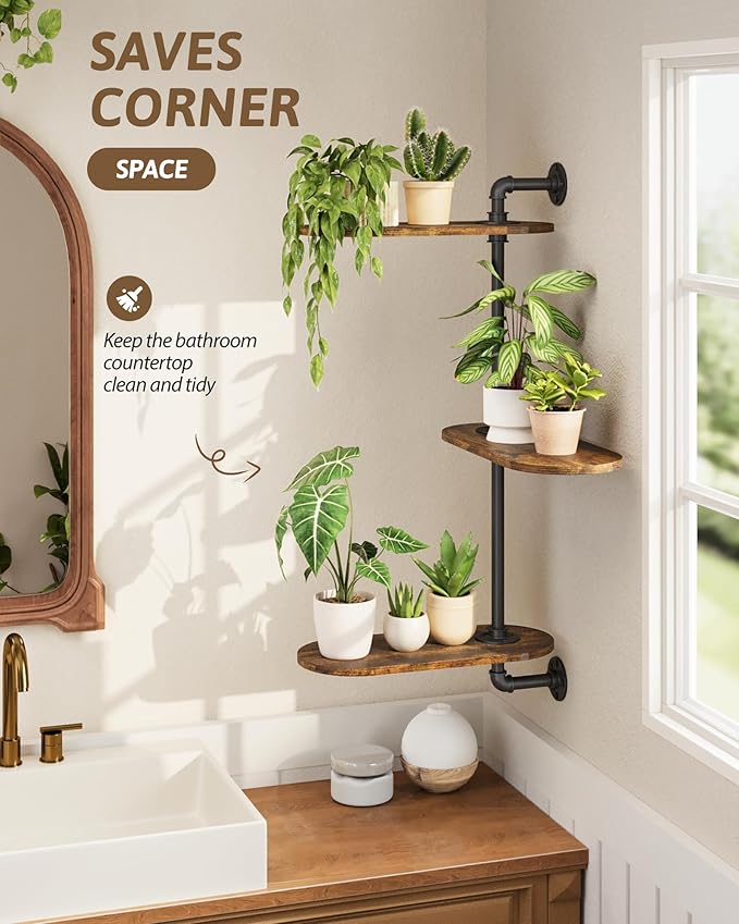 Window Plant Shelves 3-Tier Rotating Plant Stand Industrial Window Plant Shelf Wood Wall Mount Decorative Enhanced Indoor Plants Light Exposure Gift Idea for Plant Lovers