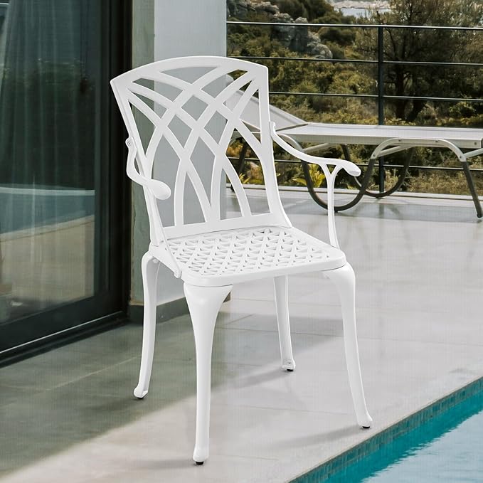 Cast Aluminum Patio Chairs Set of 2, All Weather Outdoor Bistro Chairs with Armrest, White Metal Outdoor Dining Chairs for Garden, White