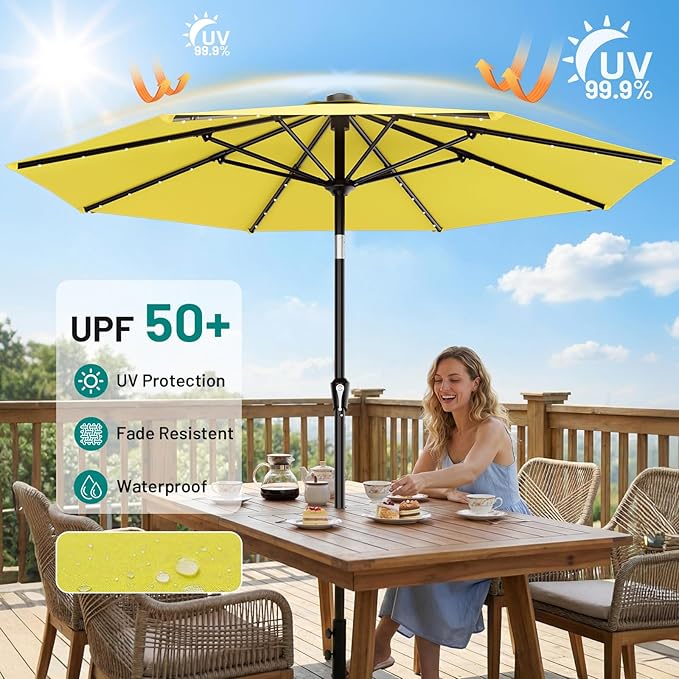 AreShark 9FT Patio Umbrella with Solar Lights, 32 LED Lighted Pool Umbrella w/Tilt and Crank, Outdoor Market Solar Umbrellas for Garden, Deck, Backyard, Pool and Beach, Yellow