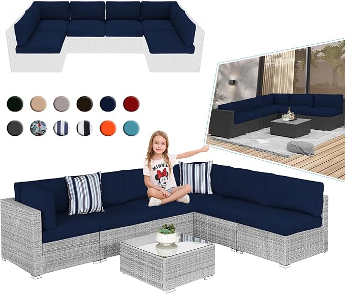 Outdoor Sectional Cushions, 4" Foam High-Density, Water-Resistant Couch Cushions Replacement Set, 14 Piece Patio Sectional Cushion for 6-Seat Sectional Patio Conversation Sets (Dark Blue)
