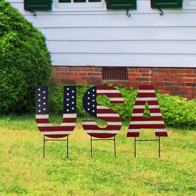 4th of July Metal USA Letter Decorative Garden Stakes Fourth of July Independence Day Decor, Patriotic US Flag Pattern Yard Sign for Outdoor Garden Memorial Veteran's Day Decorations