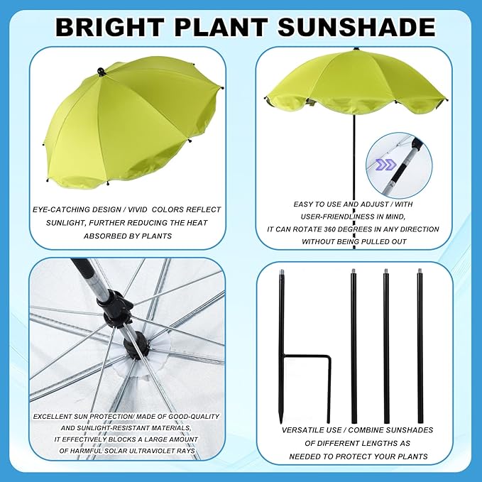 Adjustable Plant Umbrella, Large Garden Parasol with Iron Poles & Iron H-Shaped Pile Garden Shade Umbrella Cover for Potted Outdoor Plants Flowers Vegetables (Green)