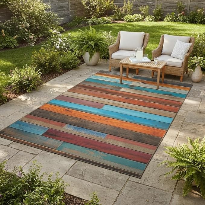 Vibrant Orange Blue Red Rustic Wood Grain Outdoor Rug 4x6 Waterproof Multicolor Wooden Board Print Farmhouse Area Rugs Non Skid Quick Dry Carpet for Patio Balcony Camping Porch Pool Deck Doormat