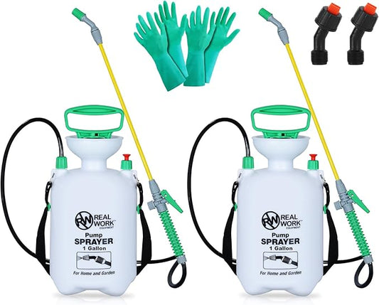 REALWORK 2pk 1-Gallon Handheld Tank Sprayer with Easy-Carry Shoulder Strap for Lawn, Garden, Yard, in Translucent White