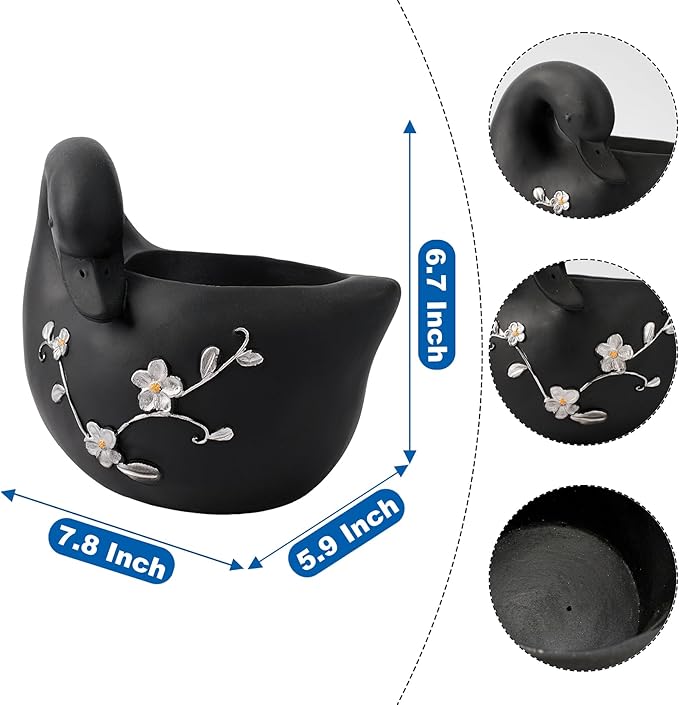 Teaeeno Decorative Garden Swan Planters Succulent Pots Indoor Unique Flower Plant Pots Cement Swan Decor Home Garden Balcony Decor (Black)