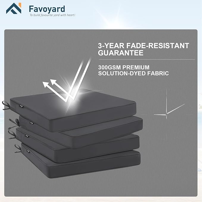 Favoyard Outdoor Chair Cushions 17"W x 16"D x 2"T Set of 4 Patio Chairs Cushions 3-Year Fade Resistant & Waterproof Cushions for Outdoor Furniture with Hidden Zipper, Attach Straps for Dining Chairs