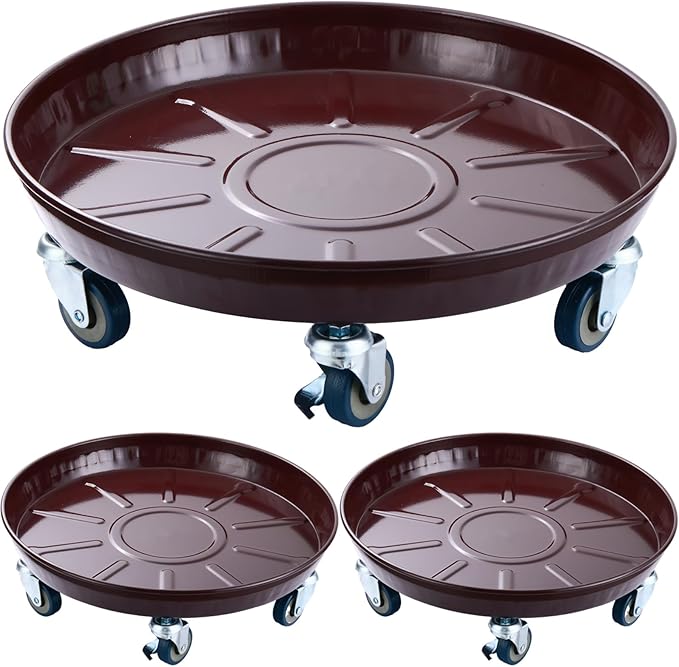 Planterhoma 3 Packs 18 Inch Metal Plant Caddy with Wheels Extra-large Rolling Plant Stand Heavy-duty Iron Plant Dolly Casters for Indoor Outdoor Flower Pot Mover Roller Coasters, Dark coffee