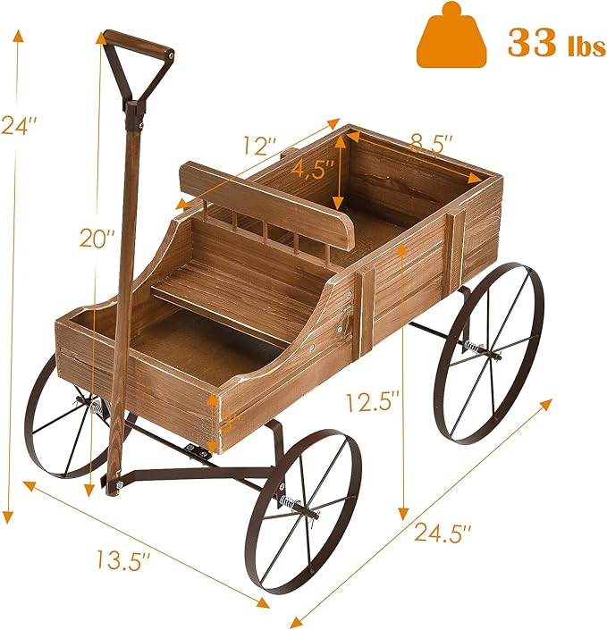 Wooden Wagon Planter with Wheels, Indoor/Outdoor Flower Cart w/Dual-Compartment & Adjustable Handle, Decorative Garden Planter for Home, Yard, Wedding (Brown)