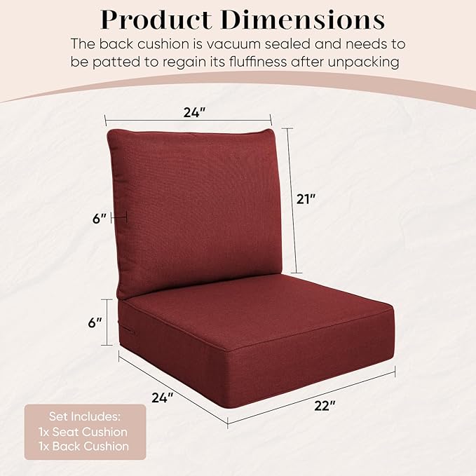 Luxury Outdoor Seat Cushion Set-22 x 24 x 6 Inch Outdoor Chair Cushions with Water Resistant & Removable Cover Outdoor Cushions for Patio Furniture Chair Sofa Couch