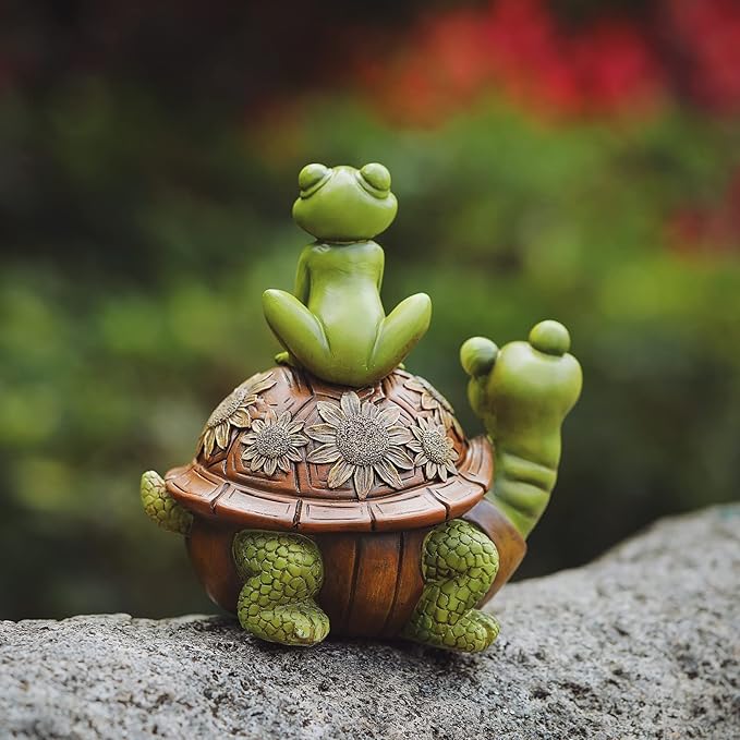 Resin Frog and Tortoise Garden Statue, Green Frog Tortoise Figure for Outdoor Decor Yard and Garden Decoration Resin Sculpture (Frog and Tortoise)