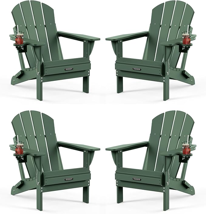 MUCHENGHY Folding Adirondack Chairs Set of 4, Patio Chairs, Lawn Chairs, Outdoor Chairs, Adirondack Chair Plastic, Fire Pit Chairs, Weather Resistant with Cup Holder for Deck, Backyard, Garden(Green)