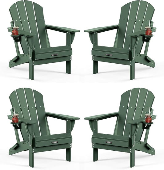 MUCHENGHY Folding Adirondack Chairs Set of 4, Patio Chairs, Lawn Chairs, Outdoor Chairs, Adirondack Chair Plastic, Fire Pit Chairs, Weather Resistant with Cup Holder for Deck, Backyard, Garden(Green)