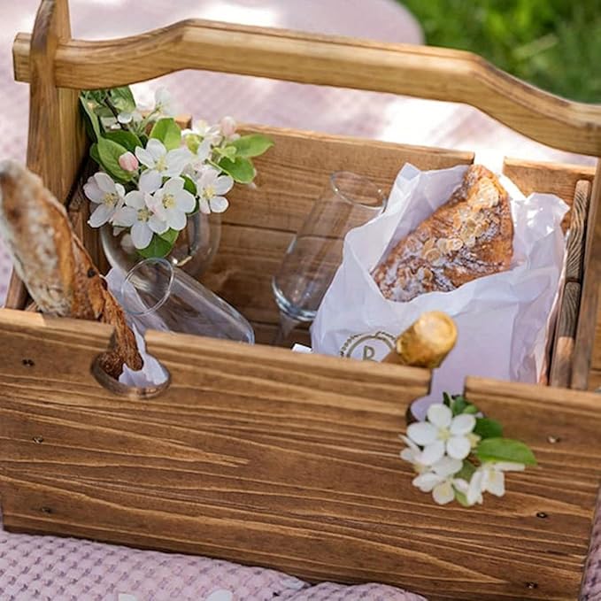 Portable Wooden Picnic Table with Wine Glass Holder - Foldable 2-in-1 Outdoor Snack Tray for Cheese & Fruit, Collapsible Camping Table with Integrated Glass Rack