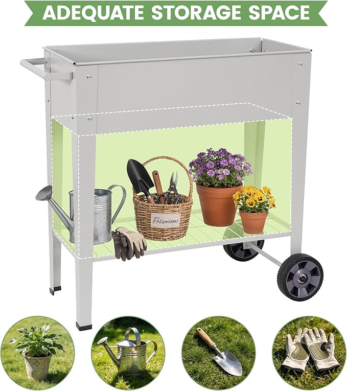 Tall Raised Garden Bed Outdoor with Wheels, Metal Elevated Raised Planter Box with Drainage Holes for Vegetables, Flower, Herbs(Grey)