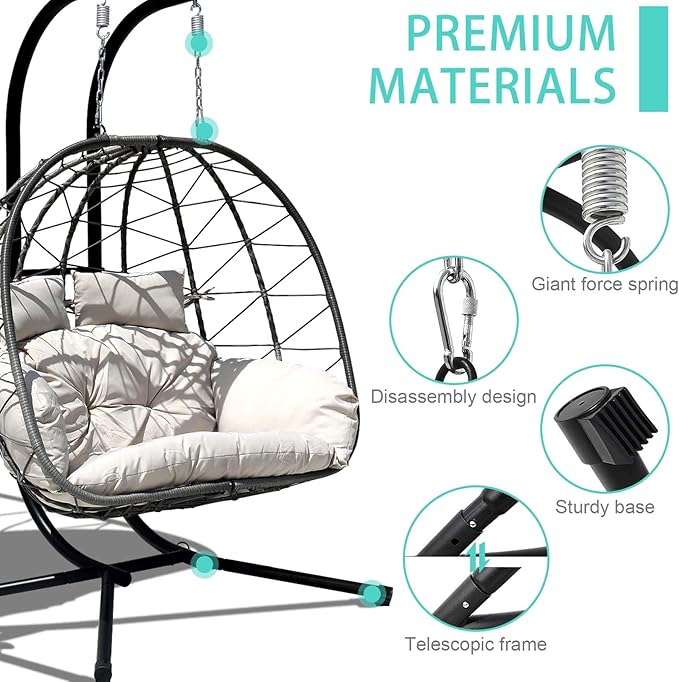 Hanging Egg Chair with Stand Indoor Swinging Chair Outdoor Hammock Egg Chair for Patio, Bedroom, Garden and Balcony (Gray, Large)