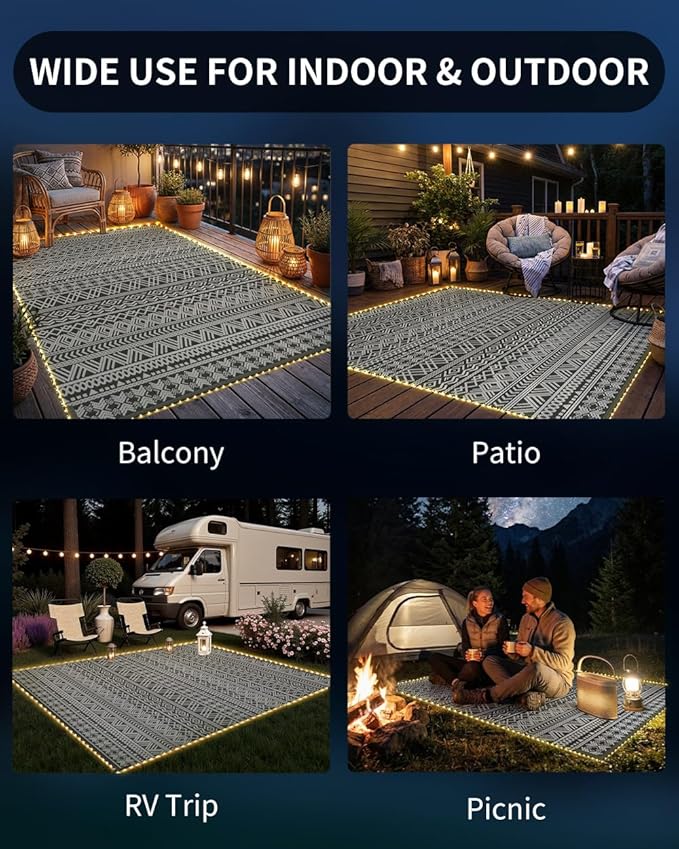 MontVoo-Outdoor Rug Carpet 8x10 ft for Patio RV Camping with Led Strip Lights Waterproof Plastic Straw Rug Reversible Portable Outside Indoor Outdoor Rug Mat for Patio Decor Balcony Picnic-Boho Rug