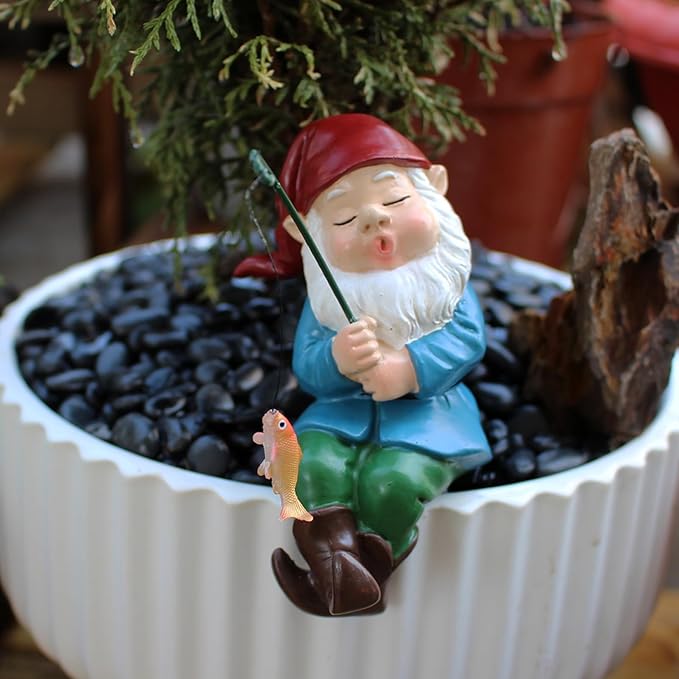 Garden Gnome Mini Sitter Statue, Fishing Gnome Garden Statue, Funny Outdoor Garden Decoration Micro Landscape Ornaments for Patio Yard Lawn