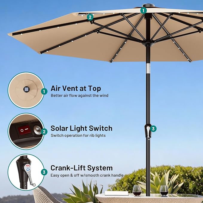 AreShark 9FT Patio Umbrella with Solar Lights, 32 LED Lighted Pool Umbrella w/Tilt and Crank, Outdoor Market Solar Umbrellas for Garden, Deck, Backyard, Pool and Beach, Beige