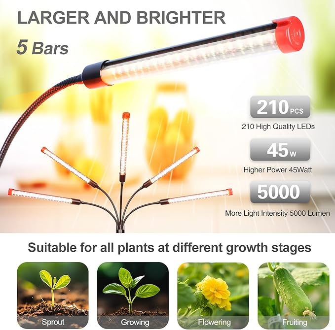 FECiDA Gamechanger! 45 Watt Power Draw, NO Need Adapter, 5Head Grow Light with Tripod Stand, 2026 Big Coverage LED Grow Lights for Indoor Tall Plants, Bonsai Tree, 4/8/12/16/20H Timer