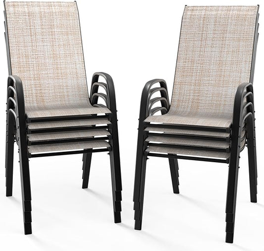 VINGLI Patio Chairs Set of 8 – Stackable Outdoor Dining Chairs with Comfortable Sling High Back Chairs and Armrests for Lawn, Poolside, Courtyard, Balcony, Garden, Yellow