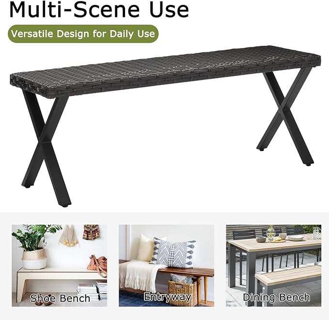 Outdoor Rattan Backless Bench Set of 2, Weatherproof Patio Bench with Seat and X-Shaped Legs, All-Weather Garden Bench for Porch, Patio, Lawn and Backyard, Black
