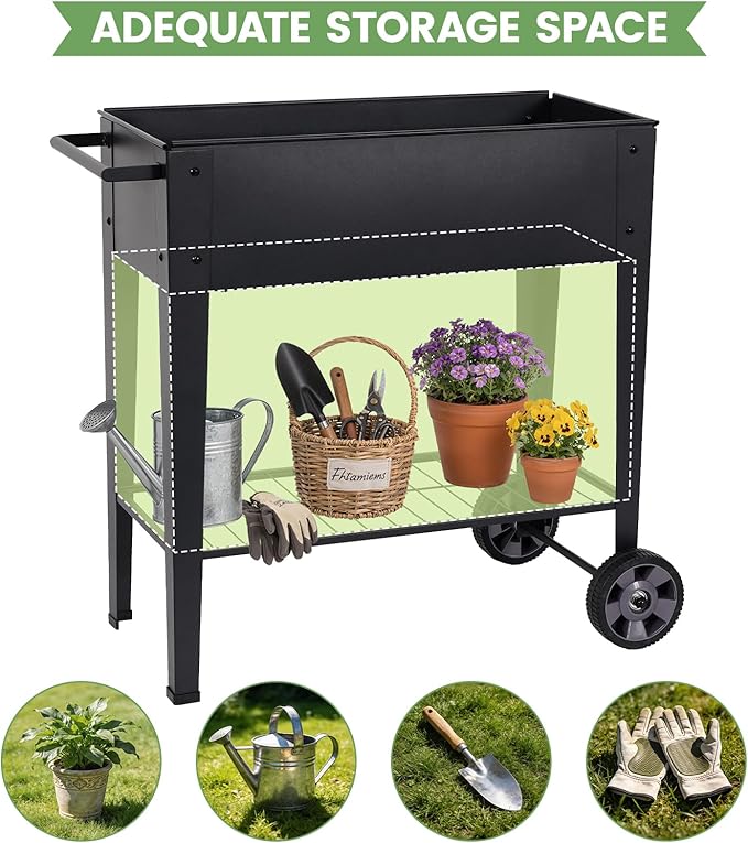 Tall Raised Garden Bed Outdoor with Wheels, Metal Elevated Raised Planter Box with Drainage Holes for Vegetables, Flower, Herbs(Black)