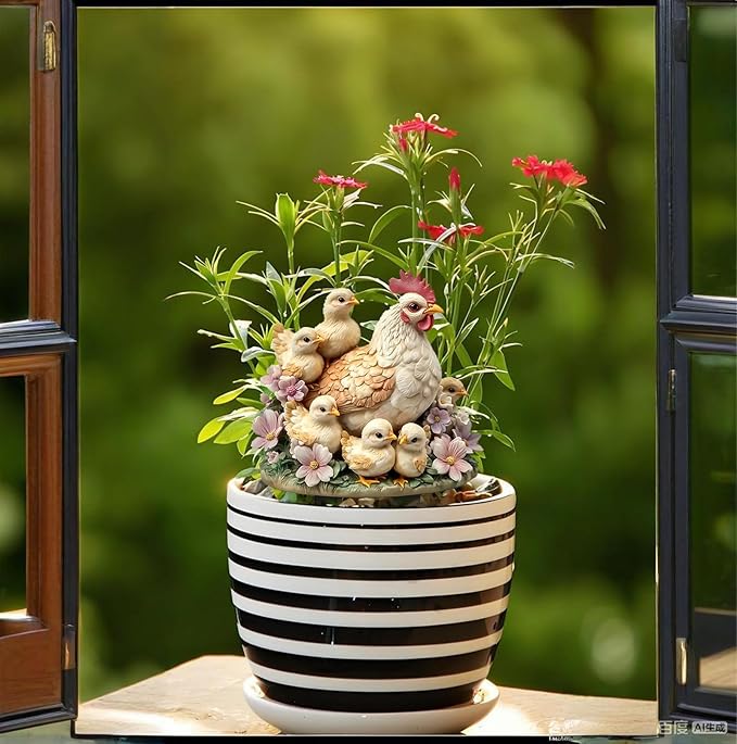 Garden Stake Decor, Acrylic 2D Flat Animal Statue, Fairy Sculptures Ornament Indoor Outdoor Yard Lawn Pot Plant Decorative Accessories (Hens and Chicks)