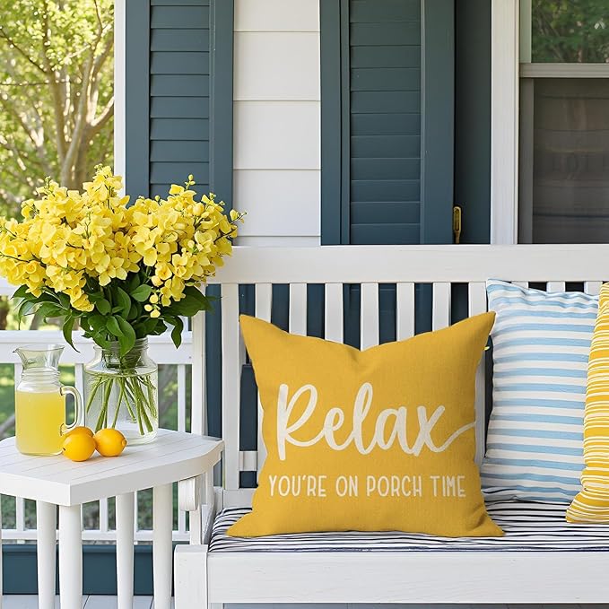 PANDICORN Farmhouse Throw Pillow Covers 18x18 Inch Relax Porch Time Yellow Outdoor Spring Summer Decorations Decorative Cushion Case for Front Porch Patio Couch Sofa Decor