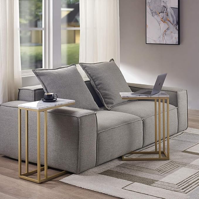 ROSEN GARDEN C-Shape Side End Table Set, Faux Marble Tray Snack Table with Metal Frame, Laptop Coffee Holder, Modern Furniture