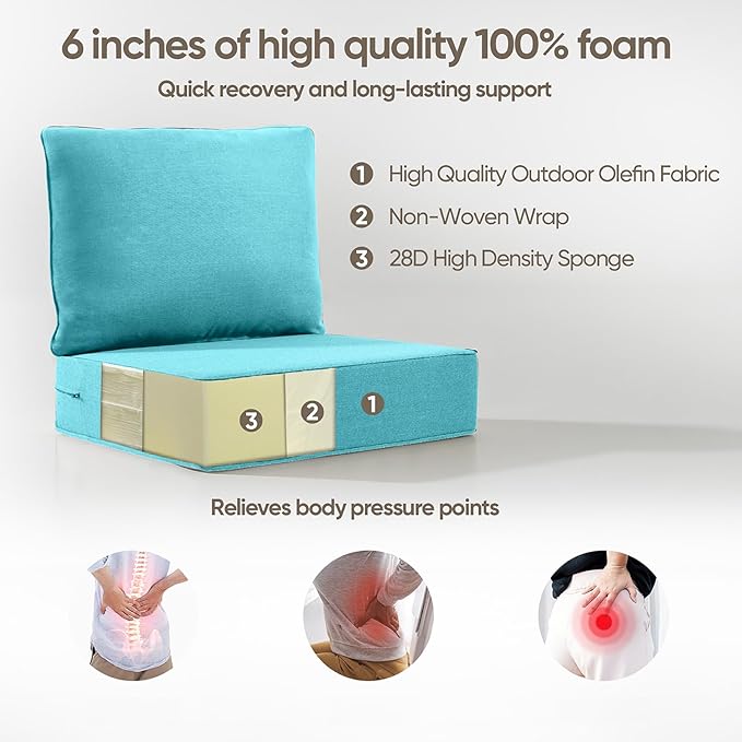 6" Thick Outdoor Cushion, 24*24*6" Patio Furniture Cushions with Waterproof Patio Furniture Cushions with Removable Cover, 28D High Density Patio Cushion for Outdoor Furniture, Light Blue-1pc