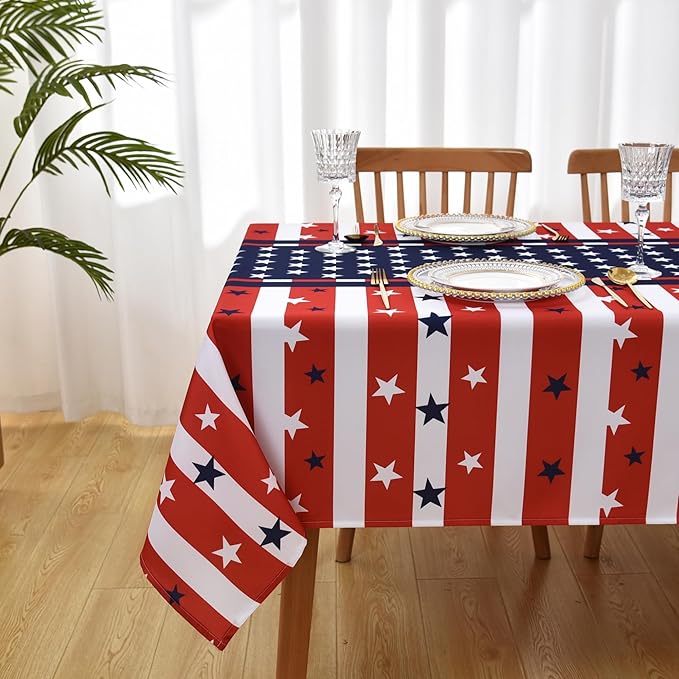 Waterproof July 4th Tablecloth Fabric - Rectangle 58x84 Inch Classic Gingham USA Themed Table Cloth for Indoor/Outdoor Use - Washable Table Cover for Kitchen, BBQs, and Parties