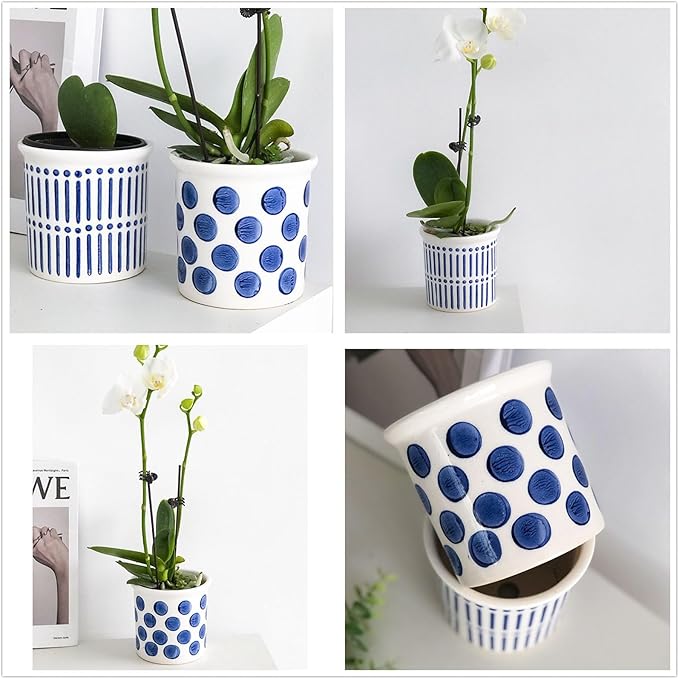 Pots of Indoor Plants 4 Inch Succulents Flower Pots Set of 2 Ceramic Planters Painted Blue Lines and Polka Dots Flower Pots with Drainage Hole for Cactus and Small Houseplants Gifts