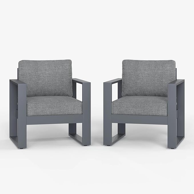 LayinSun Outdoor Patio Aluminum Chair, Metal Modern Armchair Set of 2 with Washable Thick Cushions