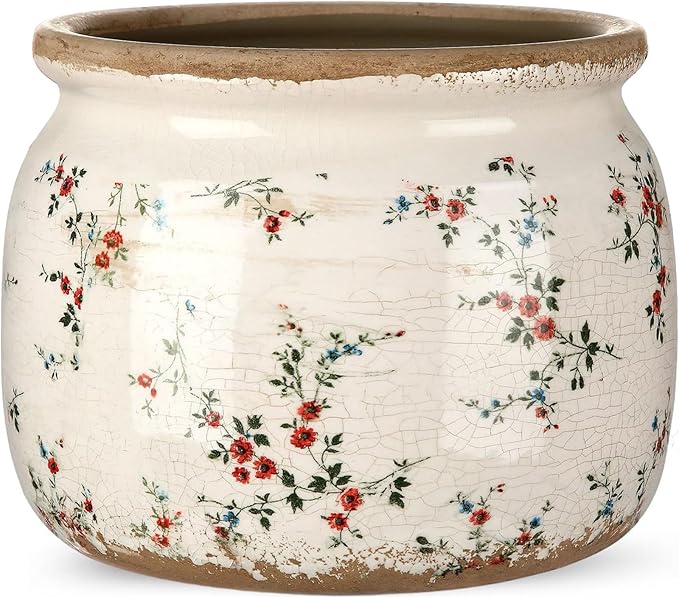 7.7" Large Ceramic Plant Pot Beige Red Cottage Rose Crackle Glaze Rustic Flowers Pot Decorative Planter with Drainage for Indoor Outdoor Plants Home Kitchen Office Decor Gift