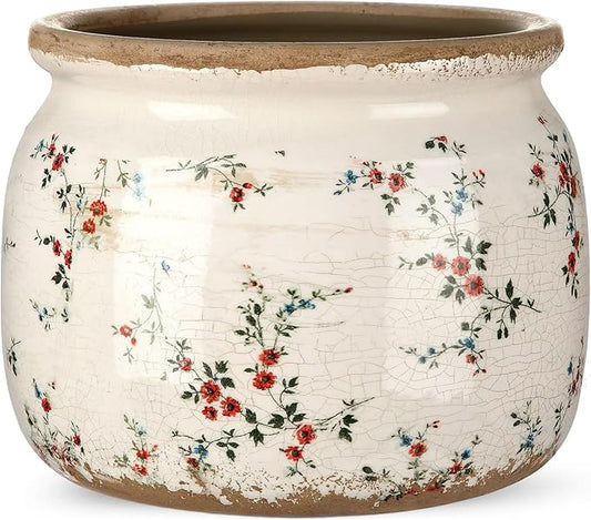 7.7" Large Ceramic Plant Pot Beige Red Cottage Rose Crackle Glaze Rustic Flowers Pot Decorative Planter with Drainage for Indoor Outdoor Plants Home Kitchen Office Decor Gift