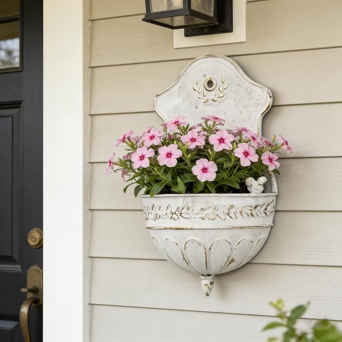 Vintage Distressed White Metal Wall Planter, Rustic Hanging Pocket Planter with Scrollwork & Scalloped Design, Farmhouse Wall Decor for Indoor & Covered Outdoor Garden, Porch & Entryway