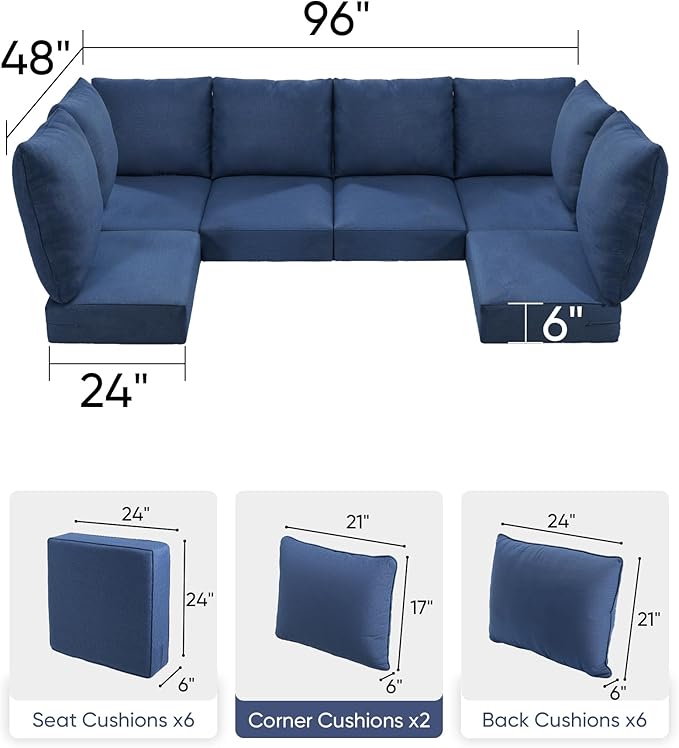 Luxury 24x24x6 Outdoor Seat Cushions for 6-Seat Sectional Sofa Set of 6 - Water-Repellent 14-Piece Patio Cushion Set for Outside Wicker Loveseat Chair L-Shape Couch - Navy Blue/Classic