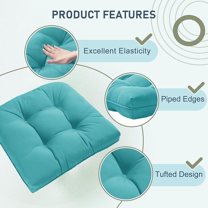 downluxe Outdoor Chair Cushions Set of 2 for Patio Furniture, Waterproof Tufted Overstuffed Patio Furniture Cushions, Thick Outdoor Seat Cushion, 19" X 19" X 5", Teal