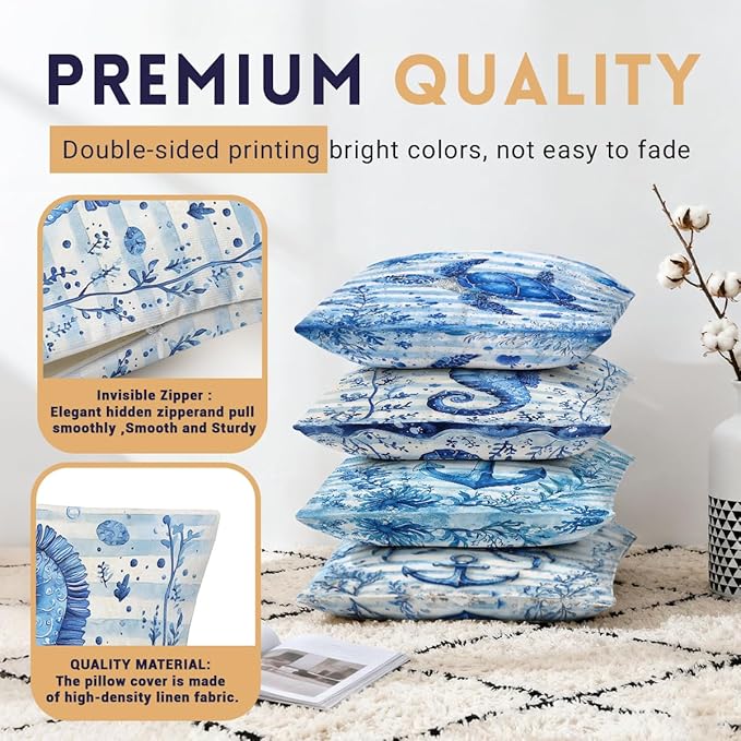 Ocean Pillow Covers 18x18 inch Set of 4, Blue Seahorse Coral Watercolor Nautical Cushion Case Outdoor Sofa Throw Pillows Cover Garden Pillow Covers for Couch Living Room Bed Indoors Home Decor