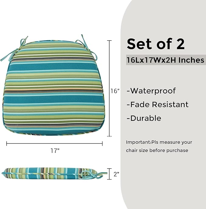 Outdoor Chair Cushions Set of 2,Patio Seat Cushion 17"x16"x2",U-Shaped Dining Chair Cushion 17 by 16 Inch,Water Resistant,Fade-Resistant Chair Pads for Kitchen Garden Furniture(Green Stripe)