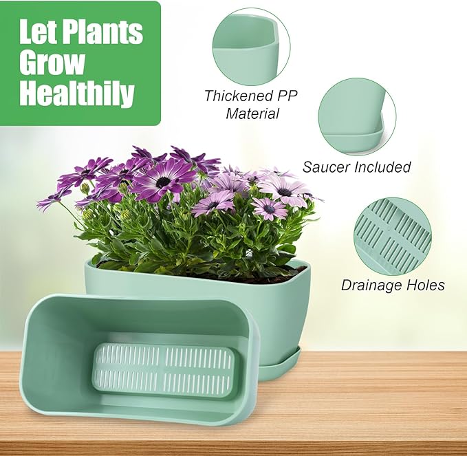Herb Garden Planter Set, Plastic Plant Pots with Drainage and Saucer, Indoor Succulent Cactus Vegetable Pot for Windowsill, Garden Balcony, Green, Set of 6