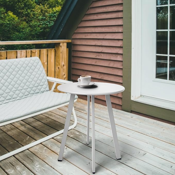 Outdoor Side Table - Weather Resistant Patio Table, Round Metal Steel, Waterproof End Table for Garden, Balcony, Yard, White